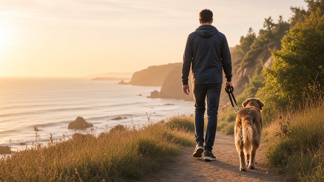 A person and a dog walking a coastal path at sunset.