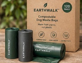 Forest green and charcoal EarthWalk bag rolls in front of the 120-bag kraft box.