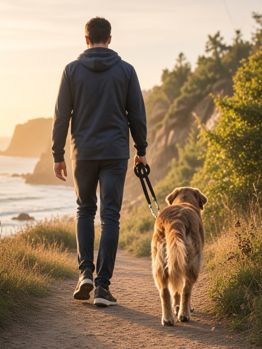 A person walking a golden retriever along a coastal path.